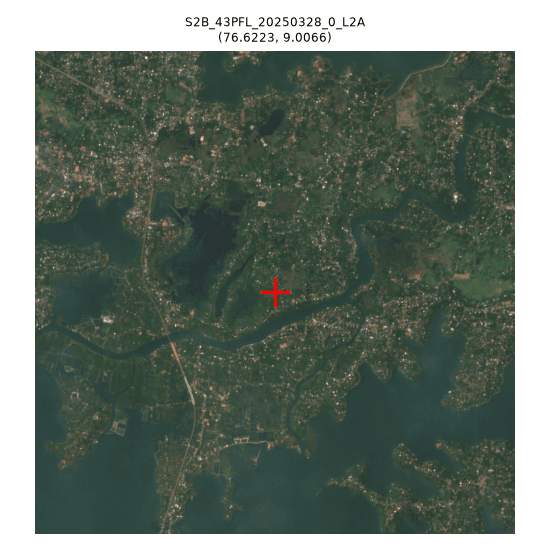 dense vegetated settlement bisected by narrow tidal channel, no exposed sediment visible