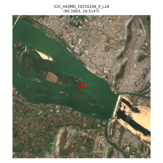 point sits in open water beside a vegetated river island; a real sandbar is visible elsewhere in the same crop, not at this point