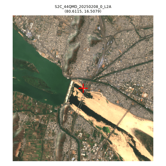 point sits on urban/bridge infrastructure at river edge, not on the large sandbar visible ~200m away in the same scene